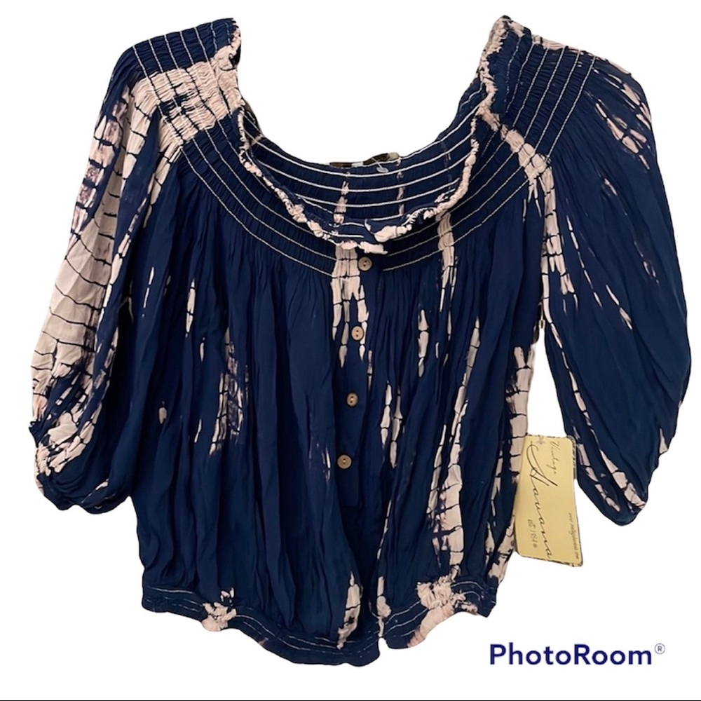 Vintage Havana Top Off Shoulder Blouse S Small NEW Tie Dye Navy Flowy Boho Beach